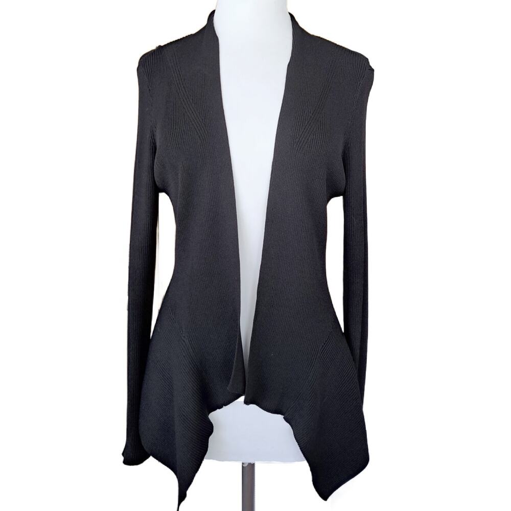 White House Black Market Ribbed Cardigan Sweater Black OpenFront High Low Fitted